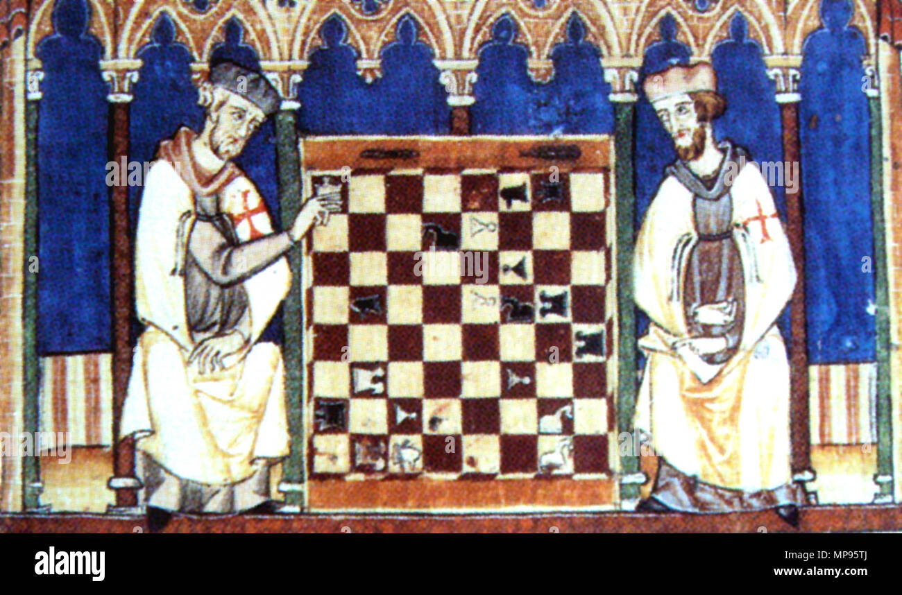 . Inglese: Cavalieri Templari giocando a scacchi. Čeština: Templařští rytíři hrají šachy. Klášterní knihovna v El Escorial, ms T. I 6, fol. 25. Národní památka, Španělsko. . 1283. Alphonse le Sage (Alfonso X) 771 KnightsTemplarPlayingChess1283 Foto Stock