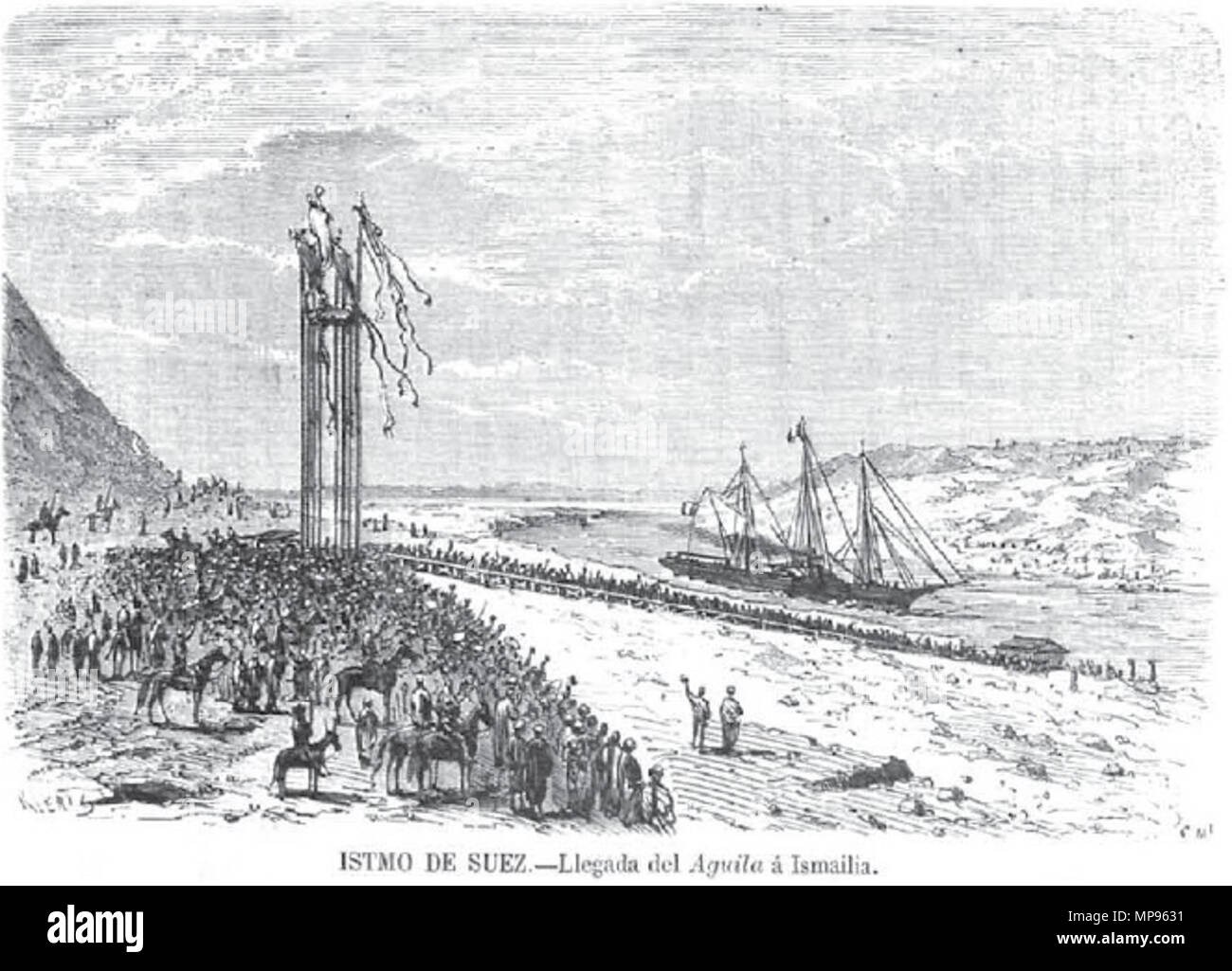 . Español : Canal de Suez. Llegada del Aguila a Ismailia. La inauguración oficial se realizó el 17 de noviembre de 1869 con la presencia de la emperatriz Eugenia de Montijo. Il 31 dicembre 2012, 20:12:17. La Ilustración española y americana. 25/12/1869. página 14. Dibujo, C.M. Grabado, Klertz. 815 Llegada del Aguila a Ismailia Foto Stock