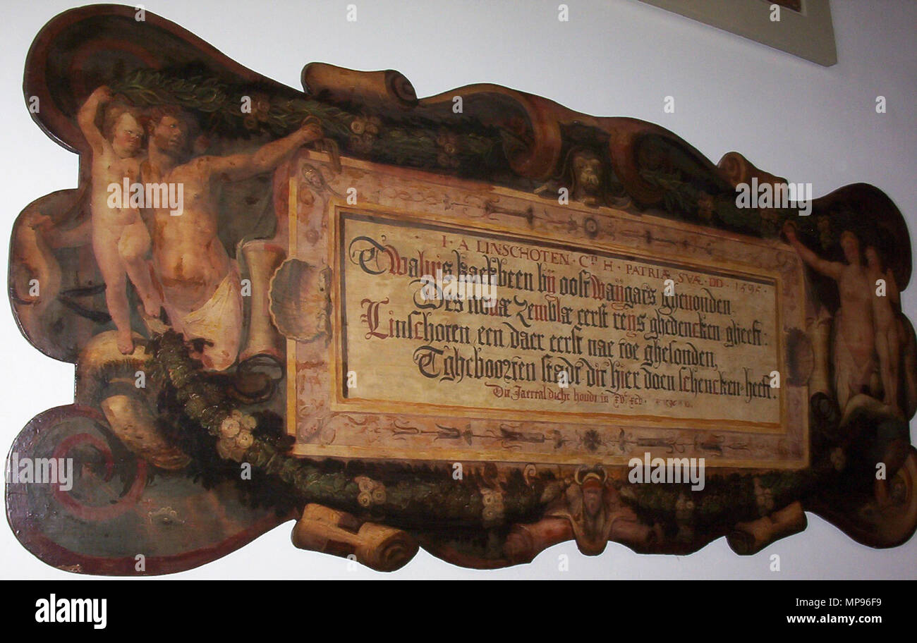 . Inglese: Foto della lapide di Jan Huygen van Linschoten nel 1594 dalla città arte restauratore e storico Karel van Mander. Olio su legno. Il testo sulla targa: ho un Linschoten C ti H Patria Sua DD 1595 T'Walvis Kaeckbeen bij oost Waijgats ghevonden, Des novae zemblae eerst eens ghedencken gheeft: Linschoten een daer eerst nae toe ghesonden, t'gheboorten Stadt dit hier doen Schencken heeft. Dit Jaertal dicht houdt in xvc xcv 1595 . 1595. Karel van Mander I (1548-1606) nomi alternativi Carel van Mander (I) Descrizione pittore fiammingo, disegnatore e incisore e autore Data di nascita Foto Stock