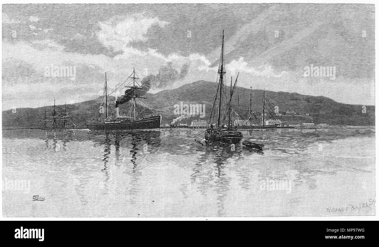 Incisione di la città di pescatori di Bluff, l'insediamento più meridionale in Nuova Zelanda, circa 1880, Nuova Zelanda. Dal pittoresco Atlas dell Australasia Vol 3, 1886 Foto Stock