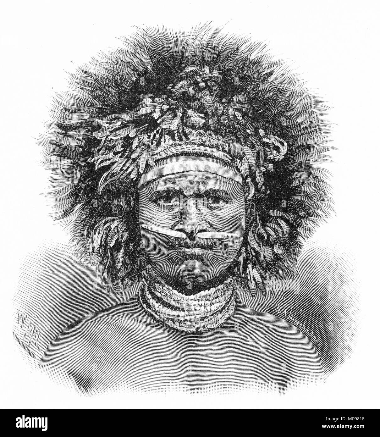 Incisione di un nativo da Port Moresby, Papua Nuova Guinea. Dal pittoresco Atlas dell Australasia Vol 3, 1886 Foto Stock
