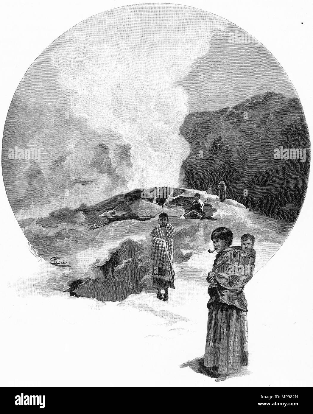 Incisione del geyser, Whakarewarewa, Nuova Zelanda. Dal pittoresco Atlas dell Australasia Vol 3, 1886 Foto Stock