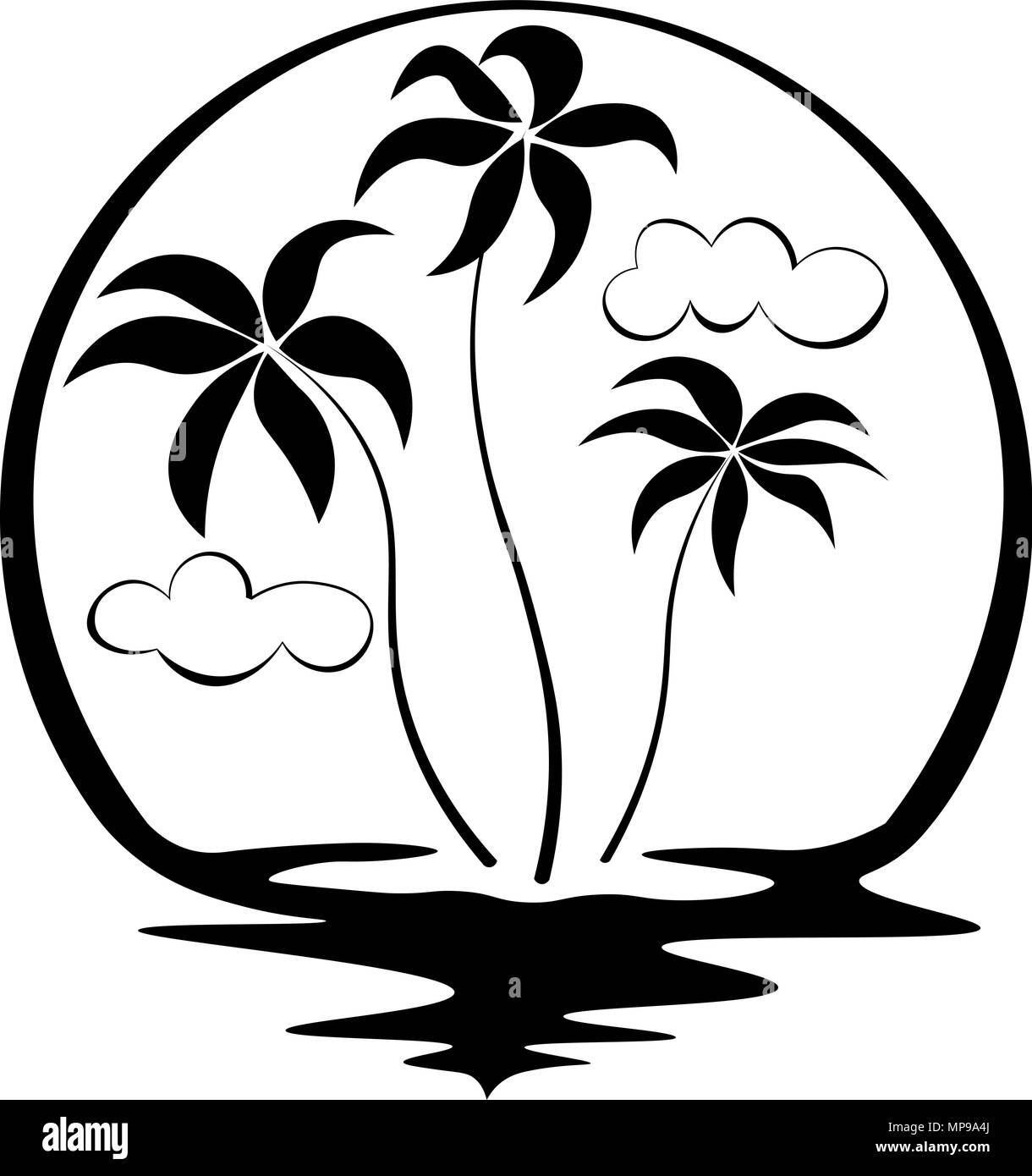 Tre palme circondato da sole e spiaggia di acqua in bianco e nero e il logo bianco Illustrazione Vettoriale