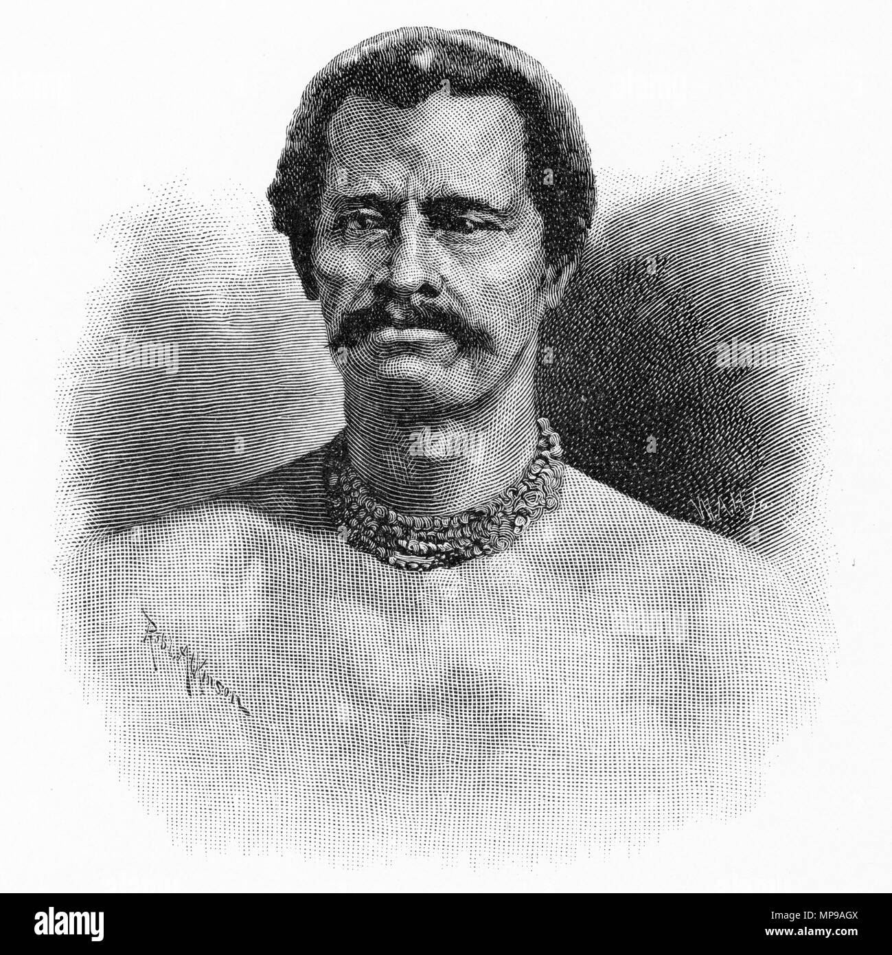 Incisione del re di Samoa, Malietoa. Dal pittoresco Atlas dell Australasia Vol 3, 1886 Foto Stock