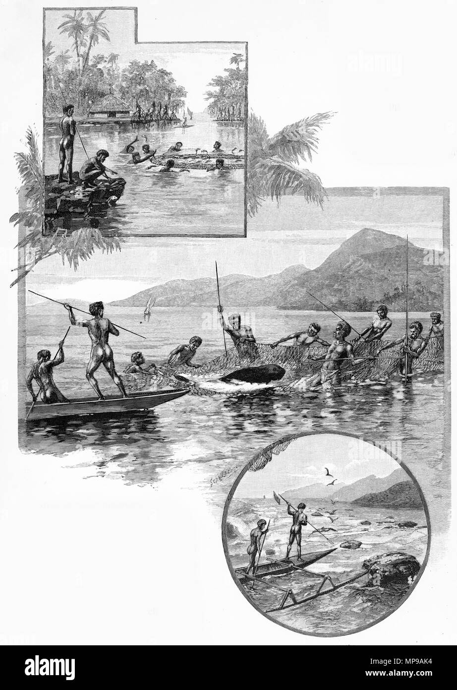 Incisione di i metodi tradizionali di pesca in Nuova Caledonia, dall'alto, il netting cefalo, dugonghi caccia e pesca subacquea. Dal pittoresco Atlas dell Australasia Vol 3, 1886 Foto Stock