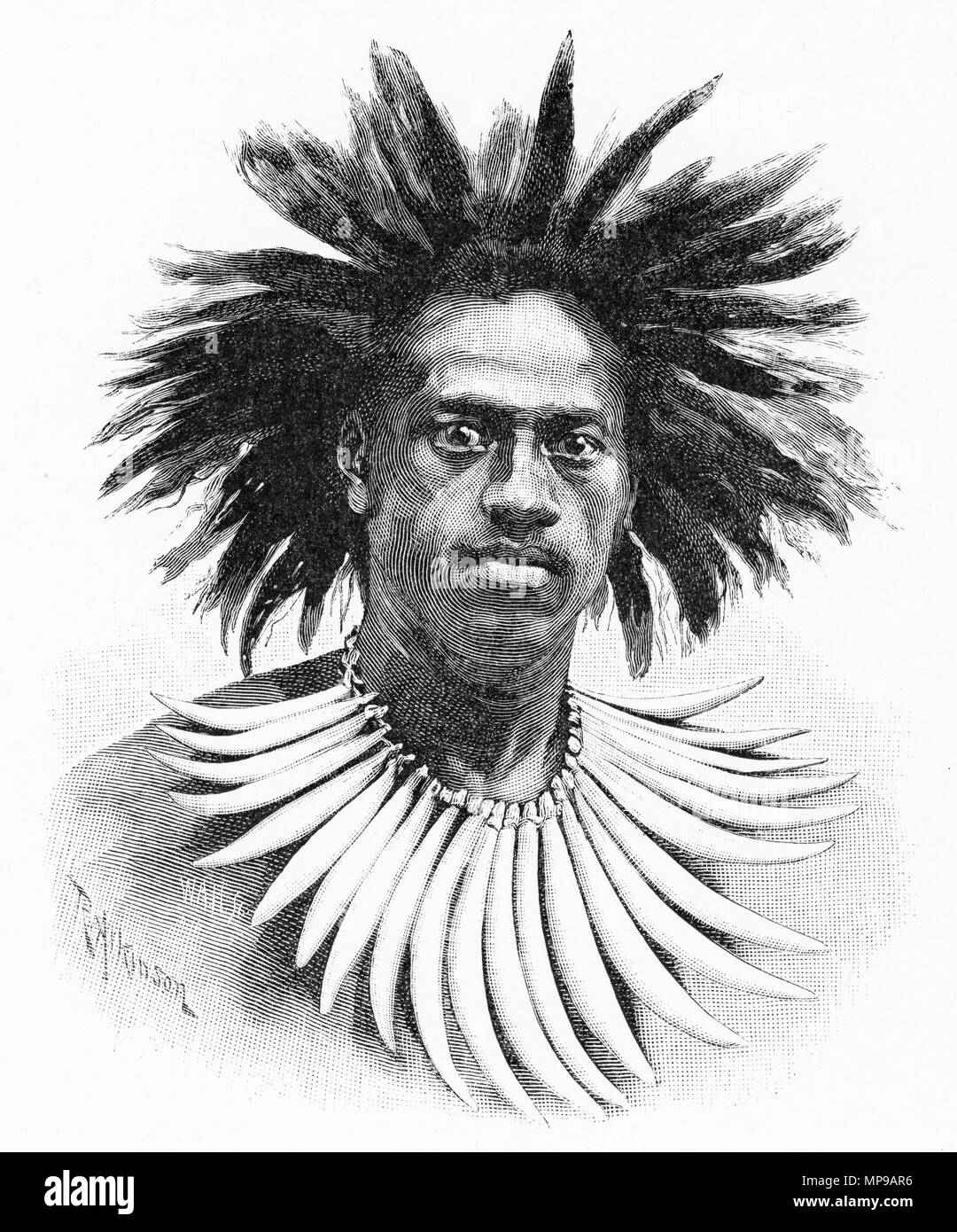 Incisione di un guerriero dalle isole Figi. Dal pittoresco Atlas dell Australasia Vol 3, 1886 Foto Stock