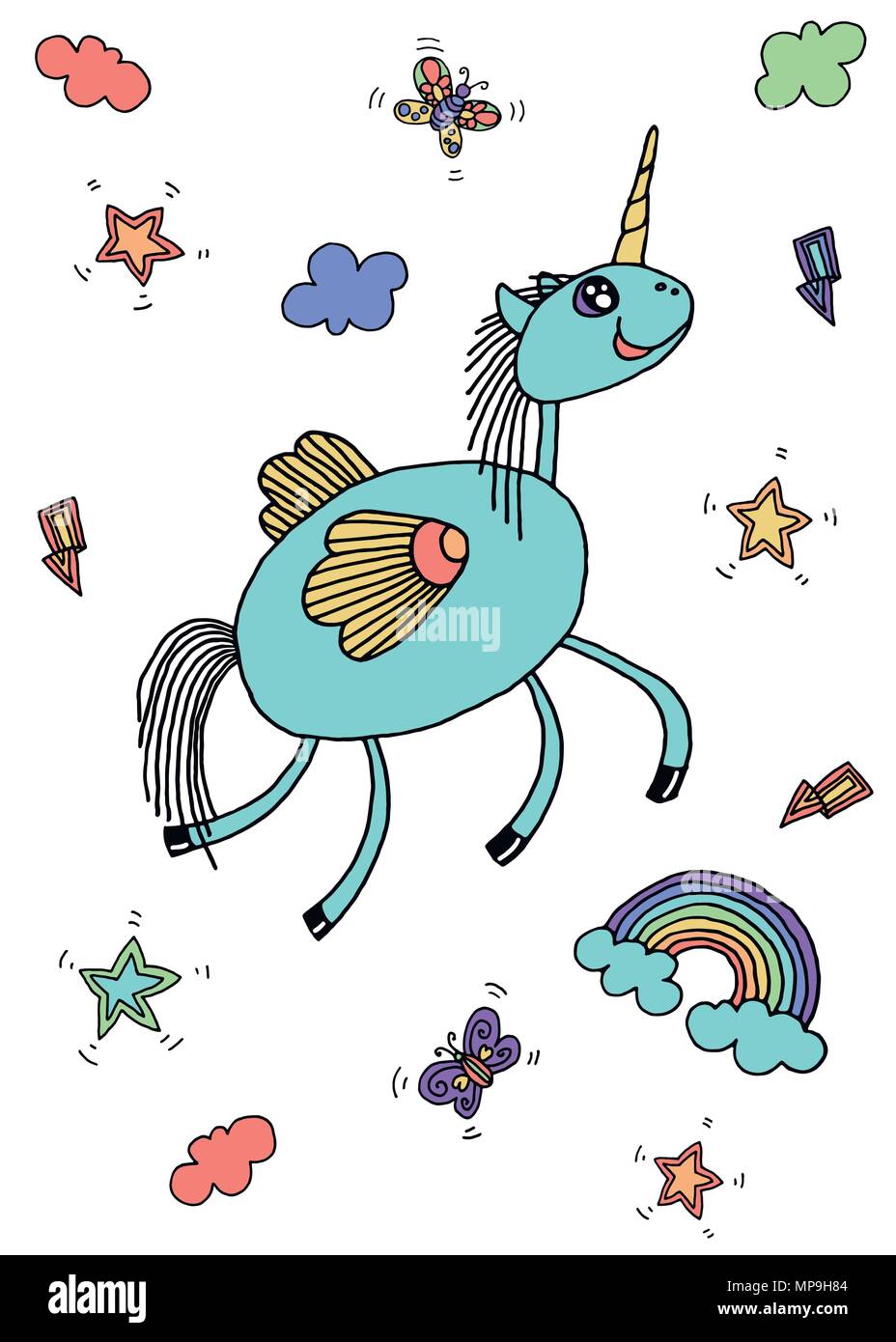 Vettore Collezione di graziosi unicorns, rainbow, butterfly, stelle, bacchetta magica. Adorable animale set grafici. Magica elementi di design Illustrazione Vettoriale