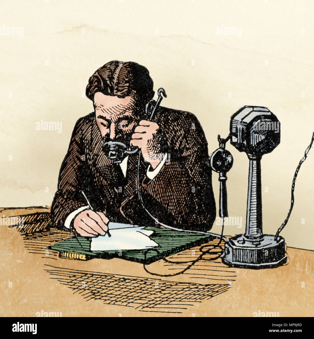 Inizio telefono combinando il trasmettitore e il ricevitore, 1800s. Digitalmente la xilografia colorata Foto Stock