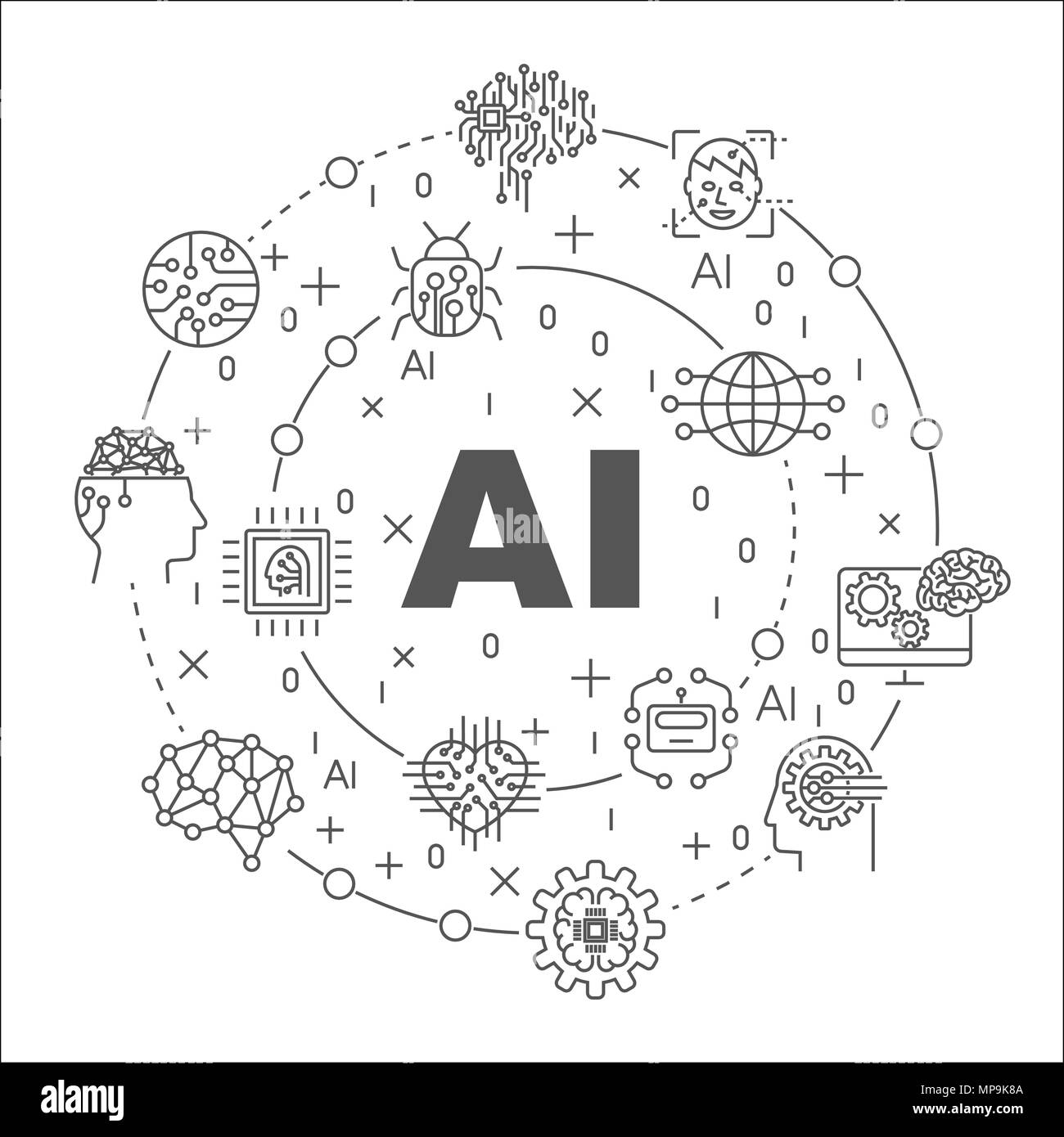 Illustrazione lineare per presentazioni a tutto tondo. Il concetto di intelligenza artificiale. Corsa modificabile Illustrazione Vettoriale