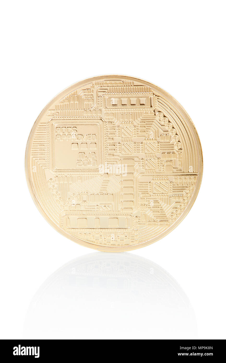 Bitcoin indietro, golden coin isolato su bianco, percorso di clipping incluso Foto Stock