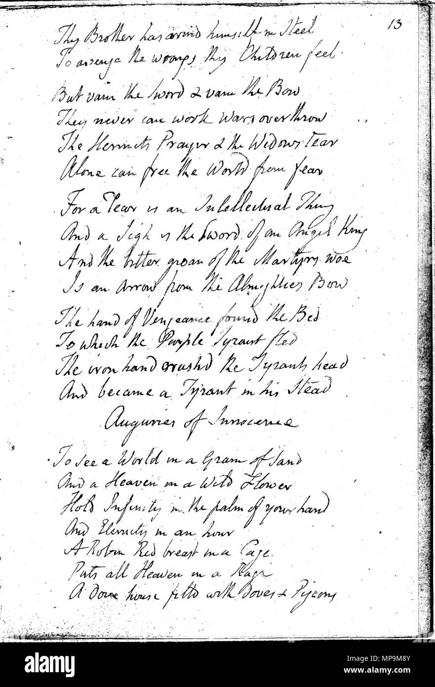 . Inglese: Pickering manoscritto bb126 1 13 ms 300 Augury bw . 19 settembre 2007, 13:33:29. William Blake (1757-1827) nomi alternativi W. Blake; Uil'iam Bleik Descrizione British pittore, poeta, scrittore, teologo, collezionista e incisore, Data di nascita e morte 28 novembre 1757 12 agosto 1827 Luogo di nascita e morte Broadwick Street Charing Cross sede di lavoro London Authority control : Q41513 VIAF: 54144439 ISNI: 0000 0001 2096 135X ULAN: 500012489 LCCN: N78095331 NLA: 35019221 WorldCat questa è una fedele riproduzione fotografica di un bidimensionale, il dominio pubblico opera d'arte. Foto Stock