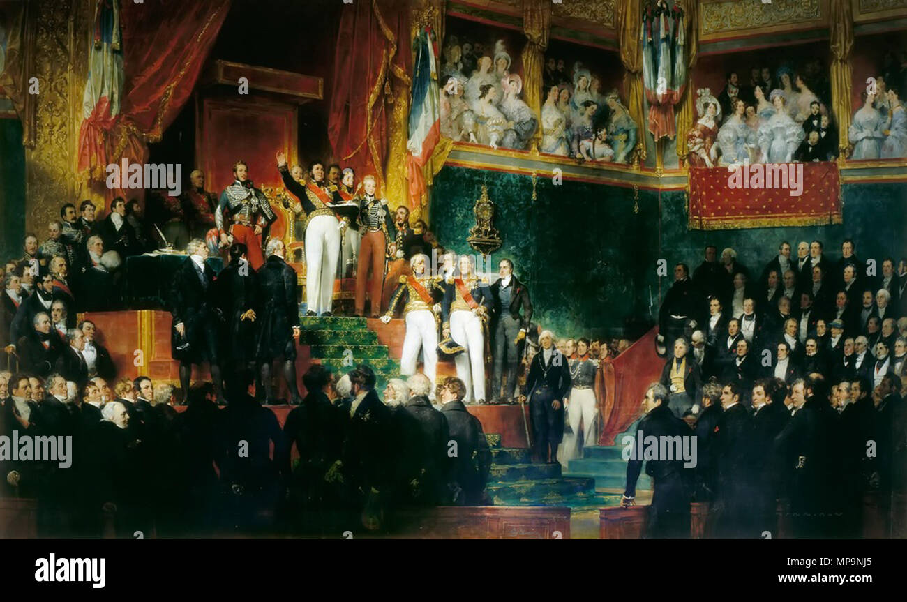 Français : Le roi Louis-Philippe Ier prête serment, en présence des chambres, de maintenir la Charte de 1830, 9 août 1830 1836. 825 Louis-Philippe serment 1830 Foto Stock