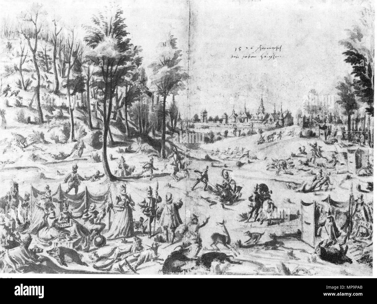 . Wildschweinjagd bei Bebenhausen Feder in Braun Bezeichnung im Himmel: 1576 schweingehetz/ bei beben haussen eingescannt aus: Die Renaissance im deutschen Südwesten zwischen riforma und Dreißigjährigem Krieg. Eine Ausstellung des Landes Baden-Württemberg, Heidelberger Schloss, 21. Juni - 19 Oktober 1986 . 1576. Johann Steiner (um 1550 - 1610) 1053 RINASCIMENTO E43 Ludwig Foto Stock