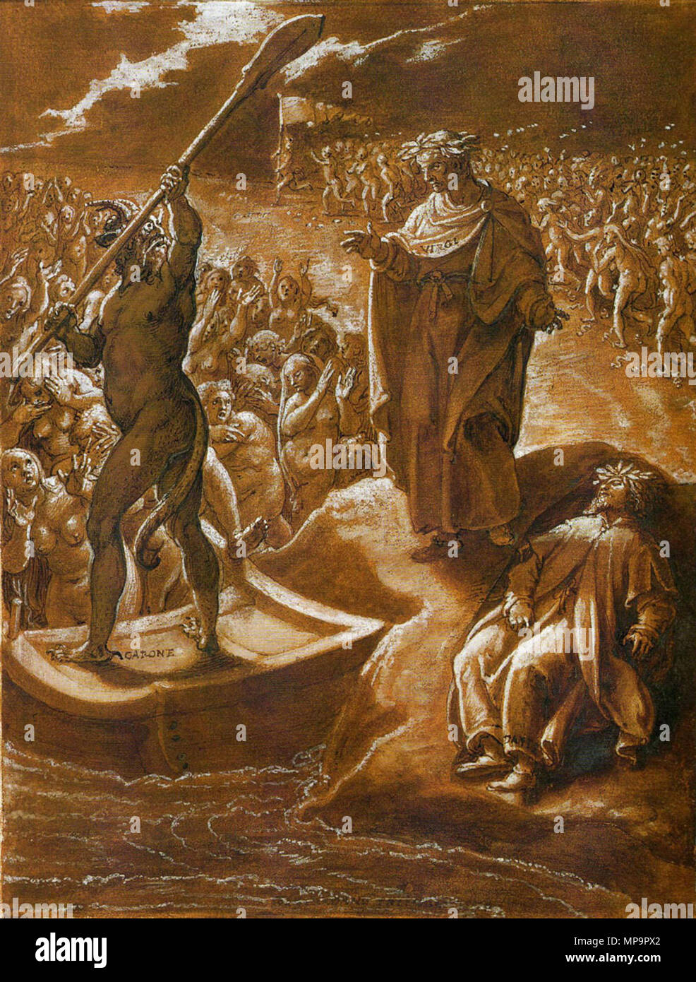 . Illustrazione dell'Inferno di Dante, Canto 3 (2 di 2) . 1587. Stradanus (1523-1605) nomi alternativi Jan van der Straet, Giovanni della Strada, Johannes della strada, di Giovanni Stradano, Johannes Stradano, Giovanni Stradanus, Johannes Stradanus, Jan van Straeten, Jan van Straten Descrizione pittore fiammingo e disegnatore Data di nascita e morte 1523 2 Novembre 1605 Luogo di nascita e morte Bruges Firenze sede di lavoro Anversa (1545), Firenze (circa 1550-1605), Roma (circa 1550-1553) Autorità di controllo : Q143595 VIAF: 29699451 ISNI: 0000 0000 8108 906X ULAN: 500011304 LCCN: n N84804240 Foto Stock