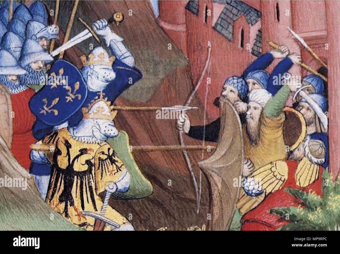 . Español: ¿Jaqué mate? Una gauche, le roi de France (blason fleurs de lys sur fond azur) et l'Empereur germanique (blason à l'aigle noir bicéphale sur fond o) combattant contre des guerriers musulmans.. 1119. Sconosciuto 834 Luis VI de Francia Foto Stock