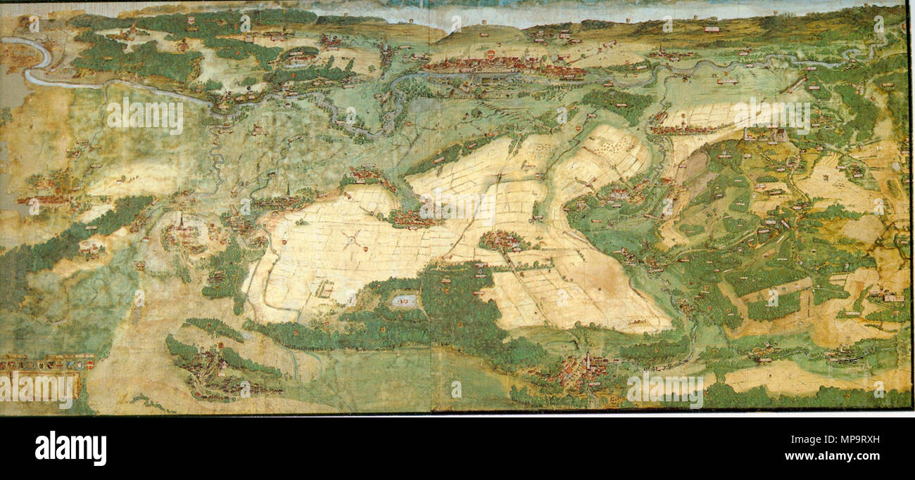 . Landtafel des oberen Donaugebietes Stuttgart Papier, auf Leinen aufgezogen, aquarellierte Federzeichnung eingescannt aus: Die Renaissance im deutschen Südwesten zwischen riforma und Dreißigjährigem Krieg. Eine Ausstellung des Landes Baden-Württemberg, Heidelberger Schloss, 21. Juni - 19 Oktober 1986 . 1589. Philipp Renlin 1053 Rinascimento A1 Landtafel Donaugebiet Foto Stock