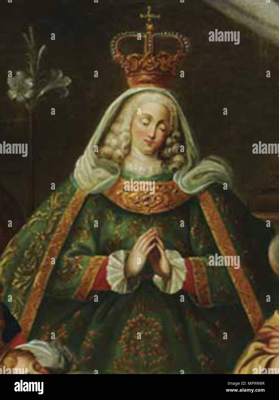 . Inglese: Madre di Dio (del XVIII secolo di scuola portoghese). Raffigurata nel dipinto sono le fattezze di Madre Paula di Odivelas (come la Vergine Maria), il Re Giovanni V del Portogallo (come San Giuseppe, e Infante Giuseppe del Portogallo (come il bambino Gesù). Português: Madre de Deus (Escola portuguesa do século XVIII). Representados nessun quadro estão Madre Paula de Odivelas (no lugar da Virgem Maria), João V (no lugar de São José), e o Infante D. José (no lugar do Menino Jesus). Il XVIII secolo. Del XVIII secolo di scuola portoghese 841 di Madre Paula de Odivelas representada como Nossa Senhora Foto Stock