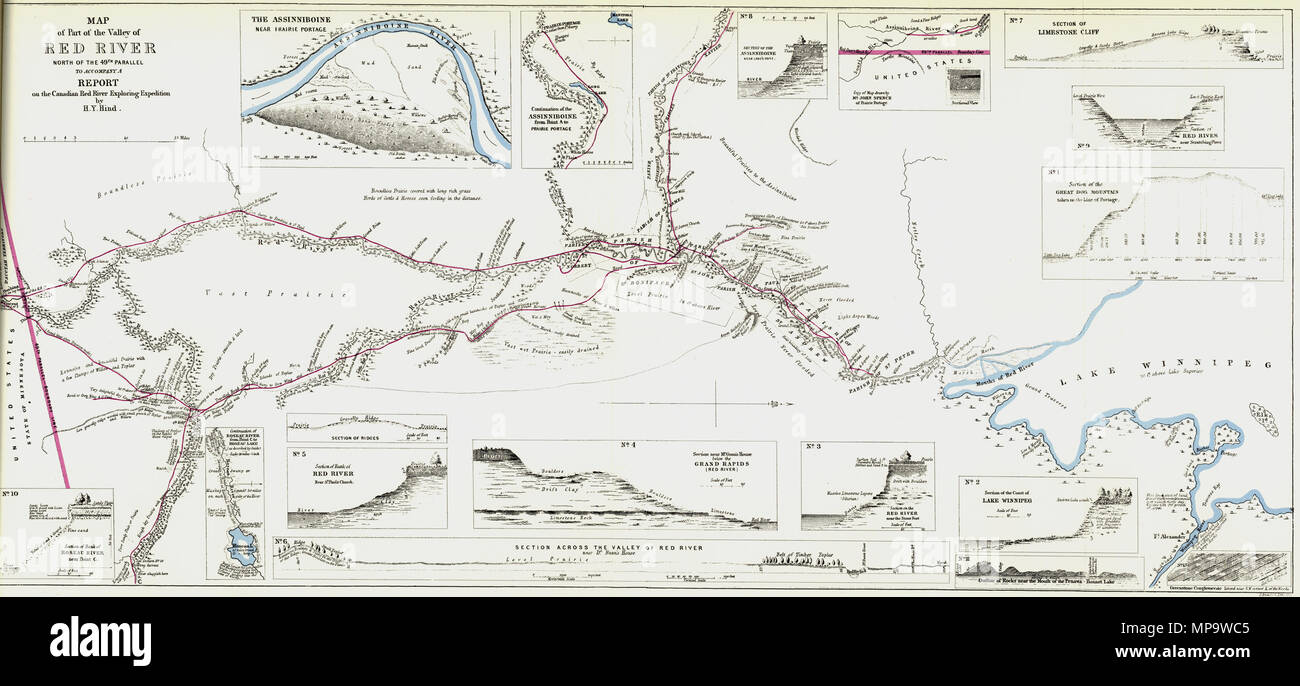 . Arrowsmith, John. Mappa di parte della Valle del Fiume Rosso a nord del 49o parallelo per accompagnare una relazione sulla Canadian Red River esplorando spedizione da H.Y. Hind [Fax]. 1:253,440. In: Henry Youle Hind. Documenti relativi alla esplorazione del paese tra il lago Superiore e il rosso fiumi insediamento. Londra: George Edward Eyre e William Spottiswoode, 1859. Presentato a entrambe le case del Parlamento mediante il comando di Sua Maestà, Giugno 1859. George Edward Eyre e William Spottiswoode, stampanti a Queen's più eccellente maestà. Per la sua maestà è fermo in ufficio. In 1857, H.Y. Hin Foto Stock