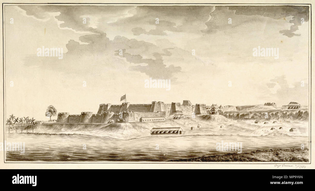 . Inglese: una penna e inchiostro disegno con graywash di Mangalore fort dopo che essa è stata adottata dagli inglesi nel 1783. L'artista era seduto sulla riva sabbiosa attraverso il fiume. Caricato da Fowler&fowler"parlare" 23:01, 4 ottobre 2009 (UTC) . Il 4 dicembre 1783. Goddard, George (c.1765-1797) 848 Mangalorefort1783 Foto Stock