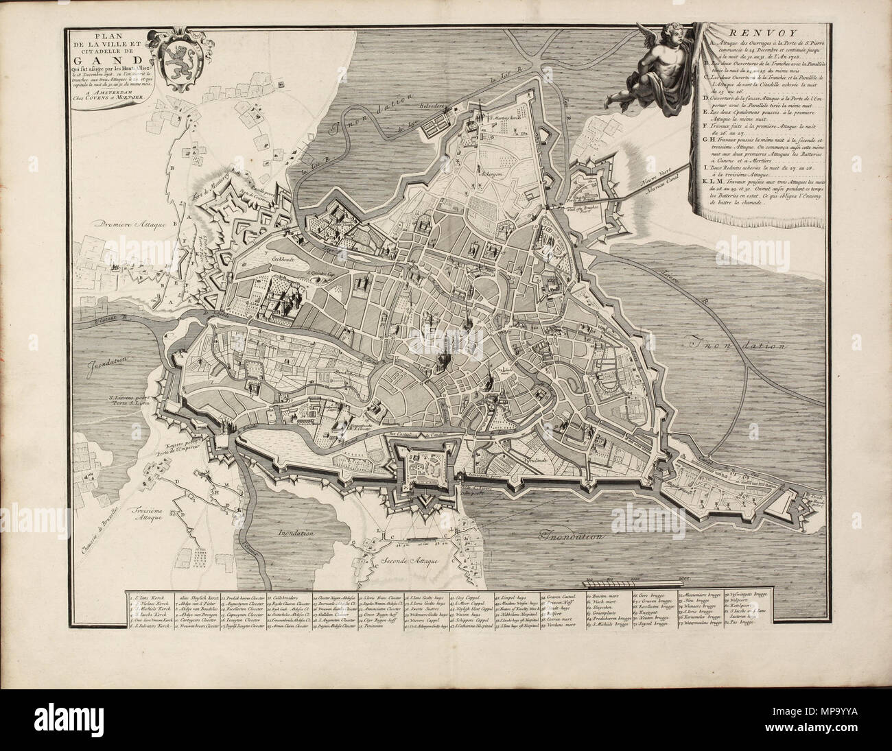 Plan de la ville et citadelle de Gand qui fut assigée par les Hauts-Allièz le 18 décembre 1708, où l'su ouvrit la tranchée au trois attaques le 24, et qui capitula la nuit du 30 au 31 du même mois.. Inglese: Mappa di Gand nel 1708 da conciliaboli e Mortier, pubblicato 1740 . 1740 circa. Di conciliaboli e Mortier 851 Mappa di Gand nel 1708 da conciliaboli e Mortier, pubblicato 1740 Foto Stock