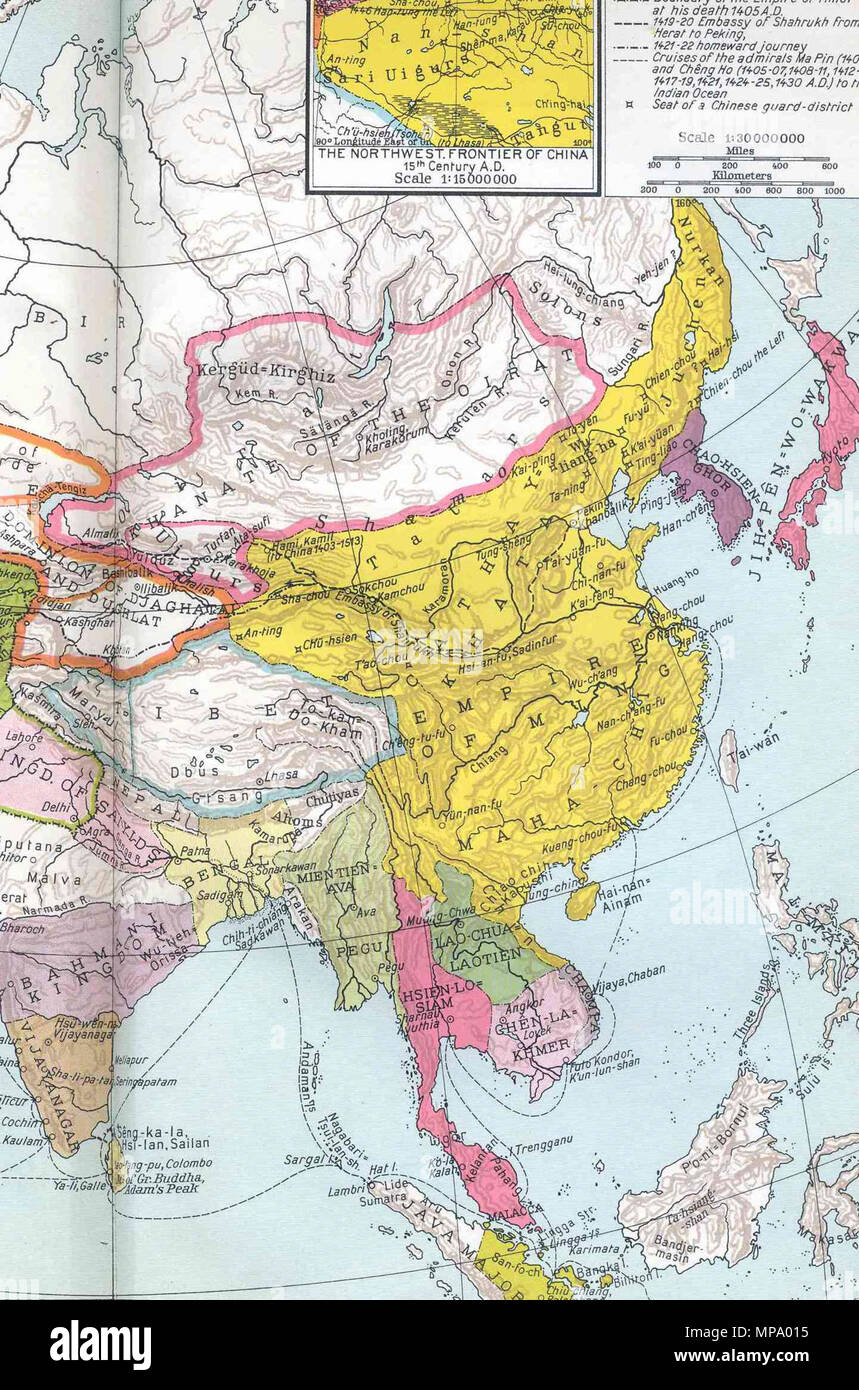 . Il Ming Impero senza il suo 'vassallo degli stati membri sotto l'imperatore Yongle . 1905. 852 Mappa di Ming impero cinese 1415 (ritagliate) Foto Stock