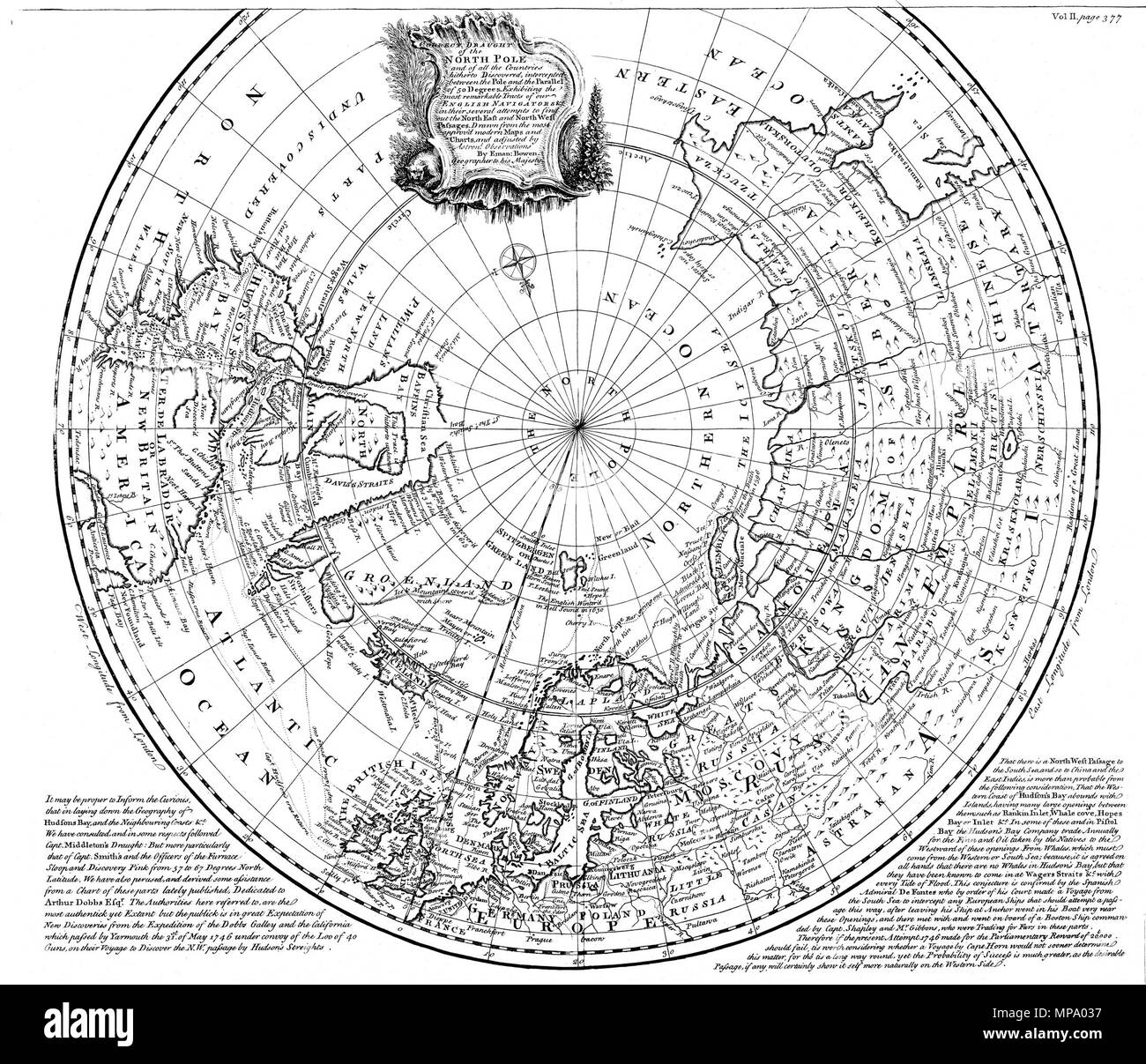 . Una mappa dell'Oceano Artico e la circostante continenti, intitolata 'Un corretto progetto di polo nord e di tutti i paesi finora scoperto, intercettata tra il polo e il parallelo di 50 gradi' . 1780s. Emanuel Bowen (1694-1767) nomi alternativi Emanuel Bowen Descrizione British cartografo Data di nascita e morte 1694 1767 Luogo di nascita e morte Regno unito Londra sede di lavoro London Authority control : Q330967 VIAF: 100334929 ISNI: 0000 0001 2145 3736 LCCN: N80069078 NLA: 35020809 GND: 129925543 WorldCat 852 Mappa dell'Artico, 1780s - B&amp;W Foto Stock