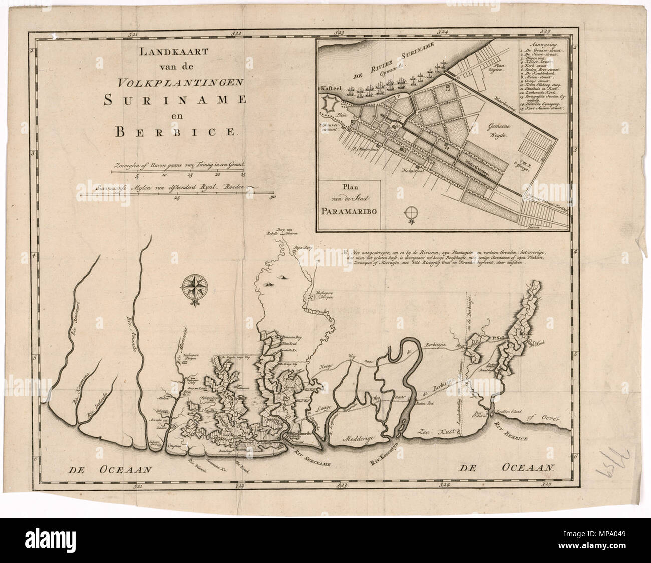 Русский: Карта колоний Суринам и Бербиче Français : Carte des Colonies du Suriname et de Berbice inglese: Mappa delle colonie del Suriname e Berbice 中文: 苏里南和伯比斯殖民地地图 Português: Mapa das colônias fare il Suriname e de Berbice العربية: خريطة لمستعمرتي سورينام وبيربيس Español: Mapa de las colonias de Suriname y Berbice . Русский: На карте этой XVIII века изображены голландские плантации в Суринаме и Бербиче. Карта ориентирована Таким образом, что север находится в ее нижней части. Названия мест за пределами аккуратно разграниченных плантаций указывают на сопротивление голландскому влиянию местных инд Foto Stock