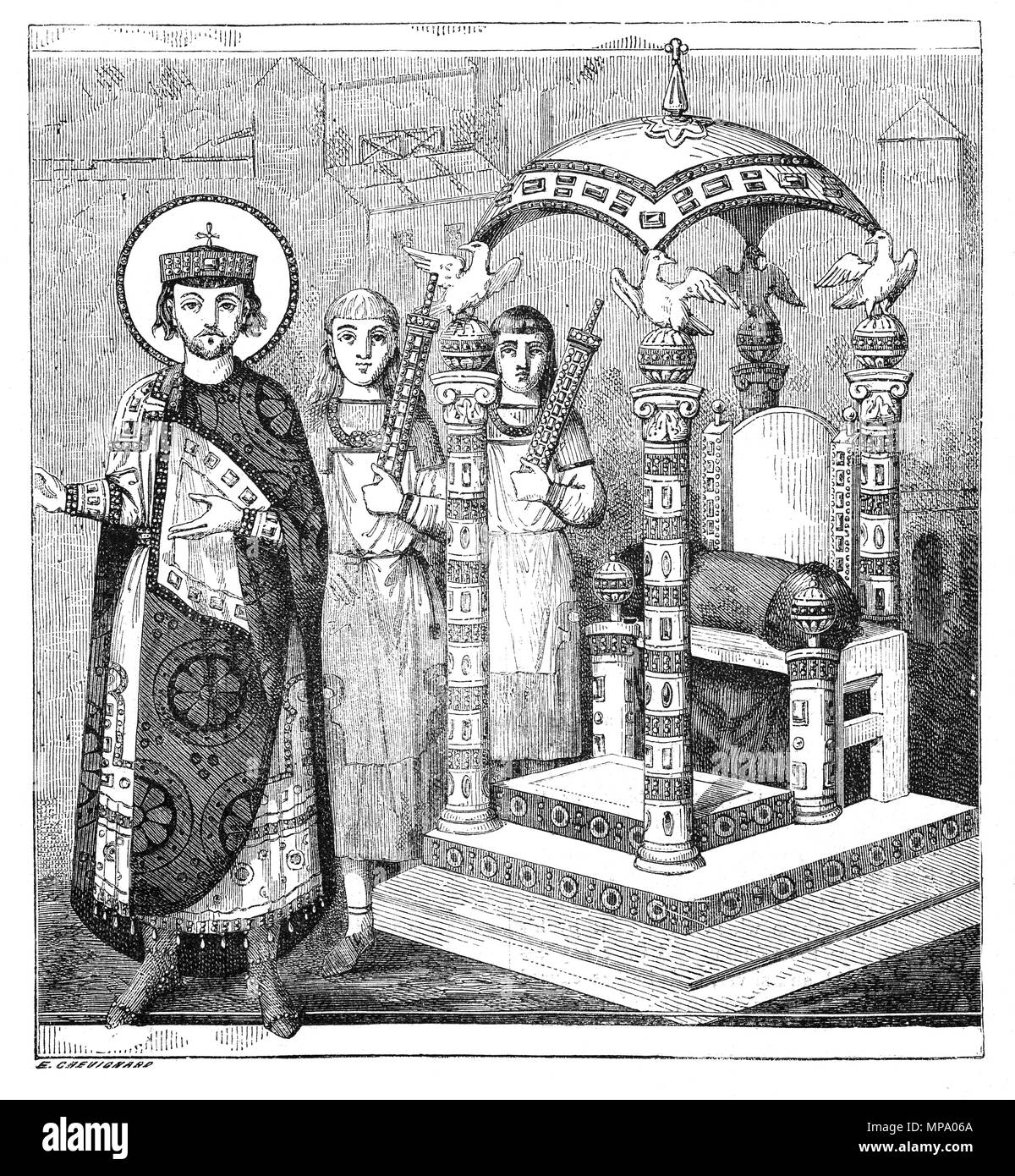 Il trono dell'imperatore di Costantinopoli, la città capitale del romano/Impero Bizantino. A partire dalla metà-5secolo agli inizi del secolo XIII, è stata la più grande e la più ricca città in Europa. Costantinopoli è stato strumentale nel progresso del cristianesimo durante la romana e bizantina volte come la casa del Patriarca Ecumenico di Costantinopoli e di custode della cristianità il santissimo reliquie come la corona di spine e la vera Croce. Foto Stock