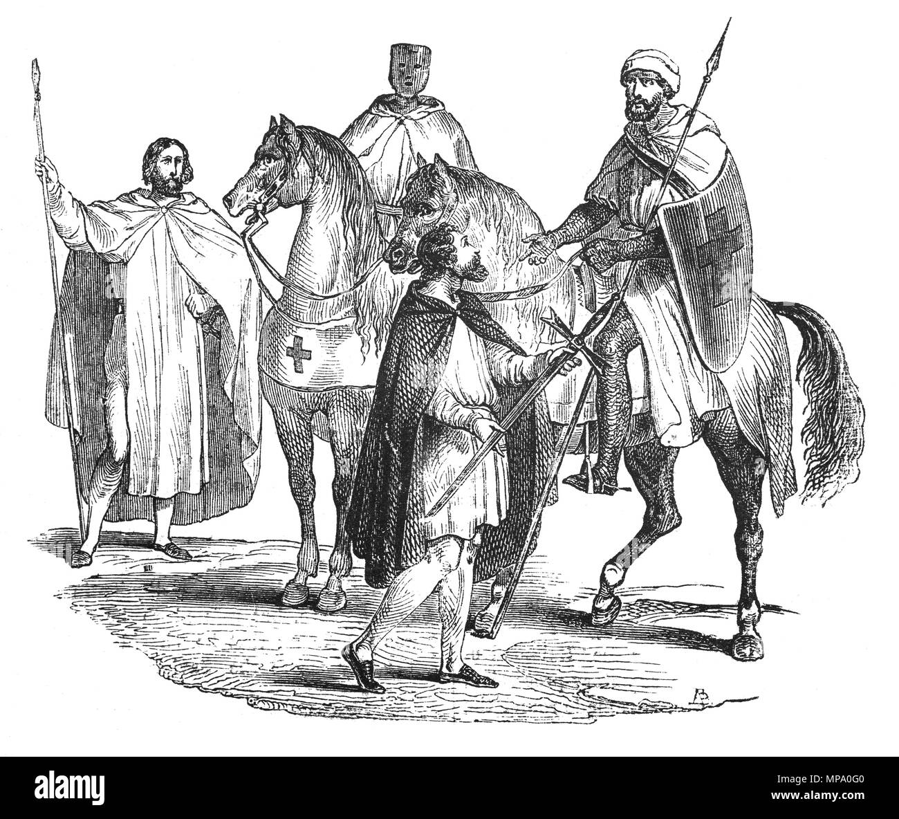 Xi secolo Cavalieri Templari, erano un elite medievale forza di combattimento della loro giornata e altamente qualificati e ben attrezzati e altamente motivati durante le crociate. Ci sono state tre classi entro gli ordini. La classe più elevata era il cavaliere, anche un monaco che indossava vesti bianche. Il montato uomini-at-arms rappresentava la maggior parte classe comune e che sono stati chiamati "fratelli", guarda, stewarda, squirea o altro supporto vocazioni. Il principale sostegno personale, indossavano nero o marrone accappatoi e sono state parzialmente garbed in mail a catena o una piastra posta. Foto Stock Xi secolo Cavalieri Templari, erano un elite medievale forza di combattimento della loro giornata e altamente qualificati e ben attrezzati e altamente motivati durante le crociate. Ci sono state tre classi entro gli ordini. La classe più elevata era il cavaliere, anche un monaco che indossava vesti bianche. Il montato uomini-at-arms rappresentava la maggior parte classe comune e che sono stati chiamati "fratelli", guarda, stewarda, squirea o altro supporto vocazioni. Il principale sostegno personale, indossavano nero o marrone accappatoi e sono state parzialmente garbed in mail a catena o una piastra posta. Foto Stock