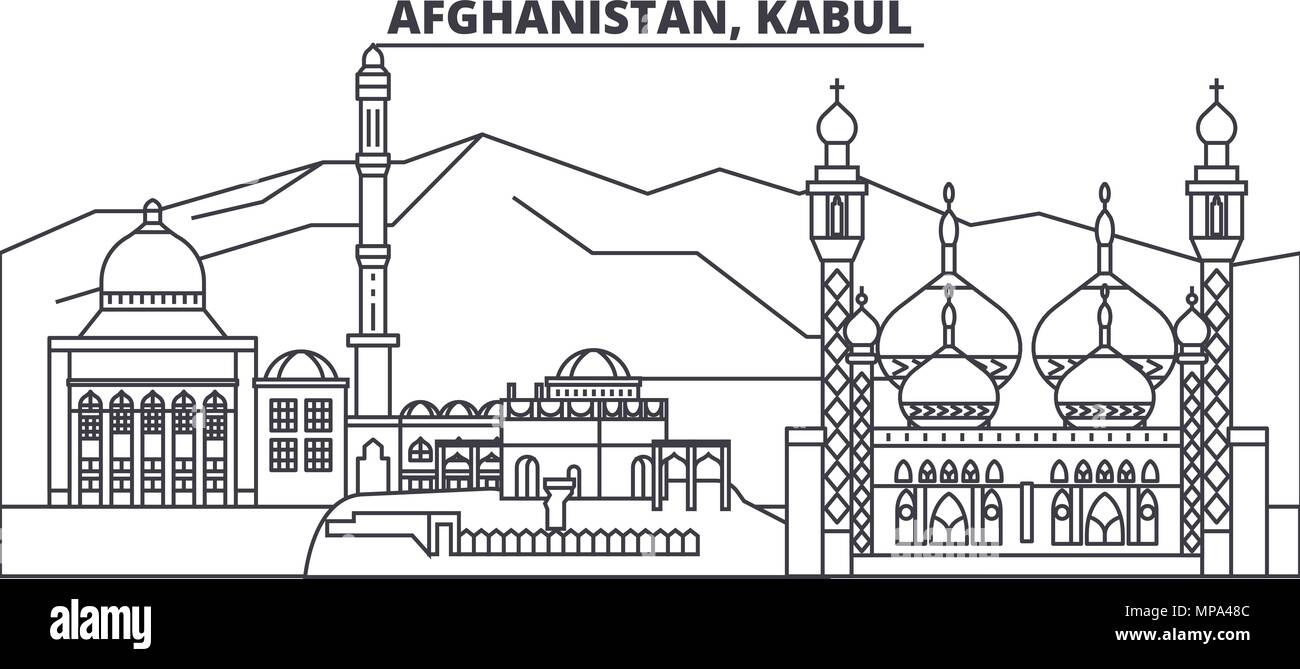 Afghanistan Kabul skyline di linea illustrazione vettoriale. Afghanistan Kabul paesaggio urbano lineare con famosi luoghi di interesse e attrazioni della città, il vettore orizzontale. Illustrazione Vettoriale