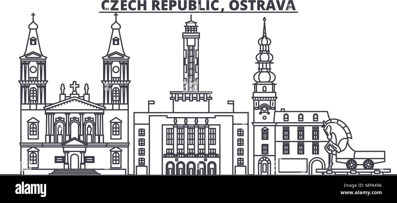 Repubblica ceca, Ostrava skyline di linea illustrazione vettoriale. Repubblica ceca, Ostrava paesaggio urbano lineare con famosi luoghi di interesse e attrazioni della città, il vettore design landscape. Illustrazione Vettoriale