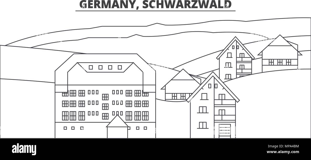 Germania, Schwarzwald skyline di linea illustrazione vettoriale. Germania, Schwarzwald paesaggio urbano lineare con famosi luoghi di interesse e attrazioni della città, il vettore orizzontale. Illustrazione Vettoriale