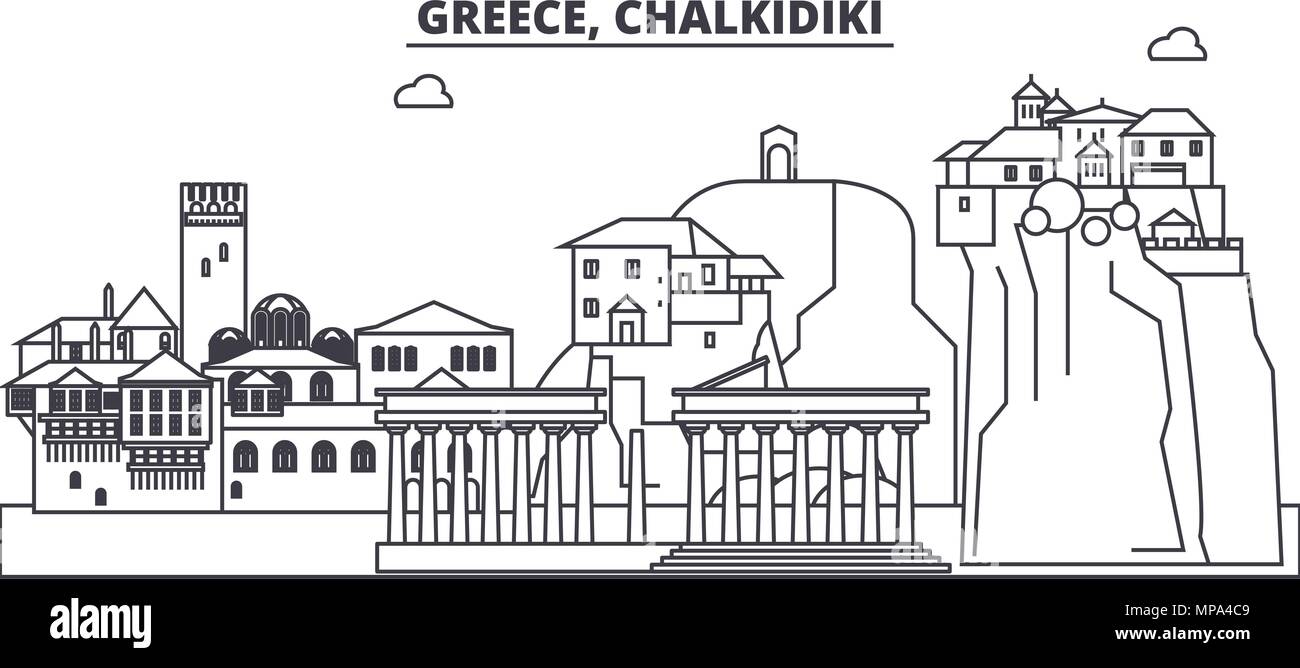 Grecia CALCIDICA skyline di linea illustrazione vettoriale. Grecia CALCIDICA paesaggio urbano lineare con famosi luoghi di interesse e attrazioni della città, il vettore orizzontale. Illustrazione Vettoriale