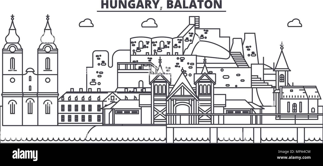 Ungheria, Balaton skyline di linea illustrazione vettoriale. Ungheria, Balaton paesaggio urbano lineare con famosi luoghi di interesse e attrazioni della città, il vettore orizzontale. Illustrazione Vettoriale