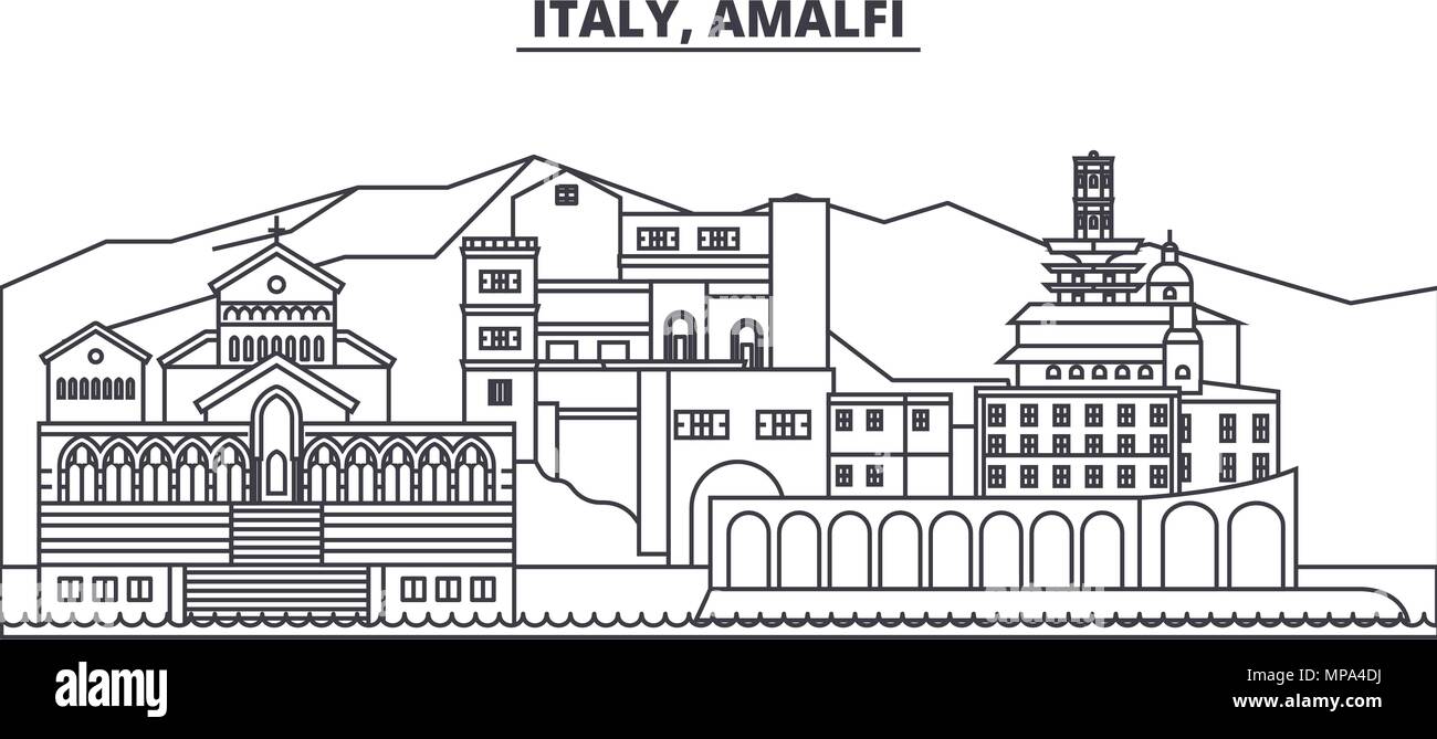 Italia Amalfi skyline di linea illustrazione vettoriale. Italia Amalfi paesaggio urbano lineare con famosi luoghi di interesse e attrazioni della città, il vettore orizzontale. Illustrazione Vettoriale