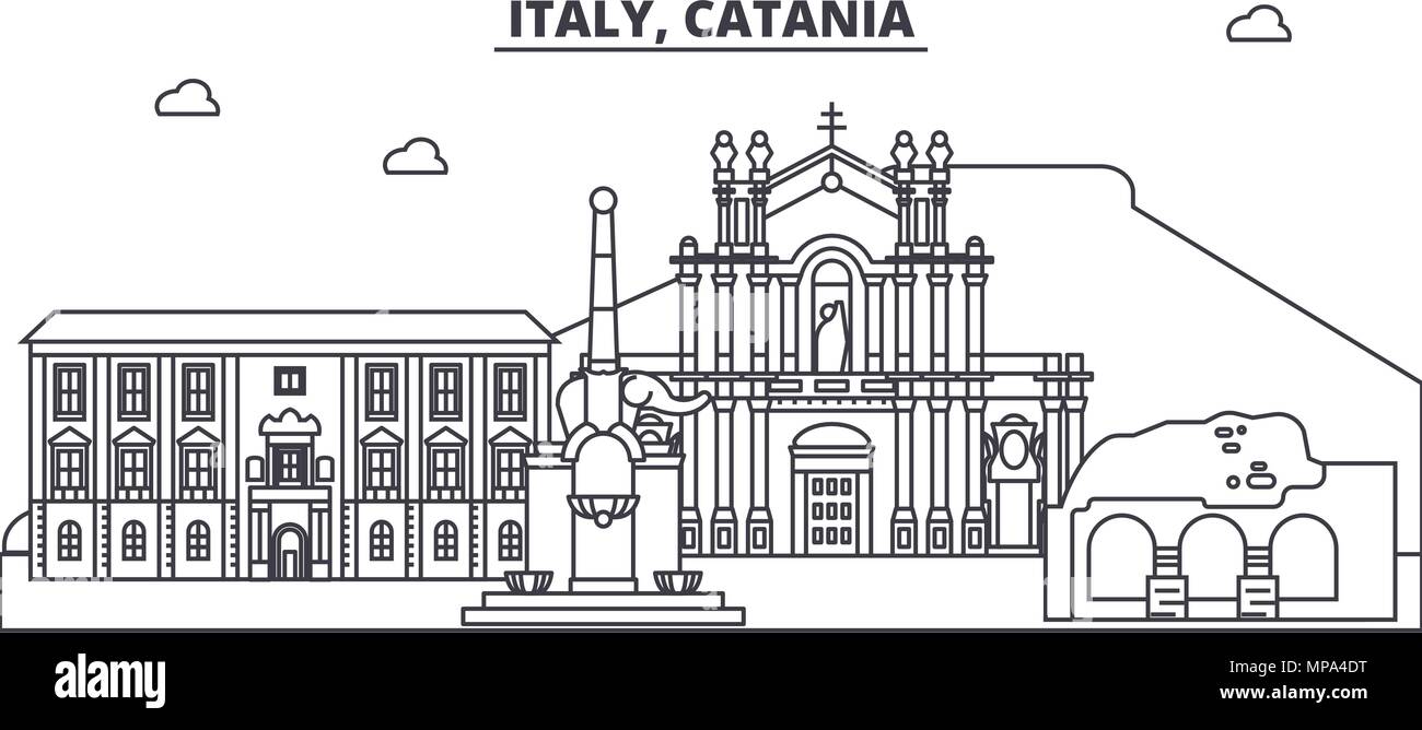 L'Italia, Catania skyline di linea illustrazione vettoriale. L'Italia, Catania paesaggio urbano lineare con famosi luoghi di interesse e attrazioni della città, il vettore orizzontale. Illustrazione Vettoriale