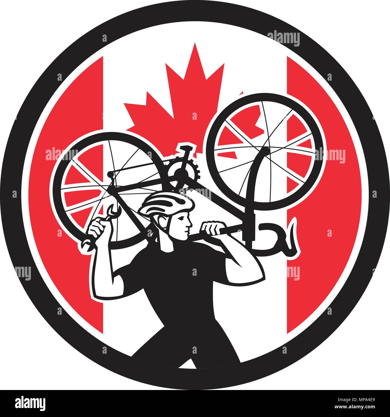 Icona di stile retrò illustrazione di un canadese moto di sollevamento meccanico bicicletta da strada con il Canada maple leaf flag impostato all'interno del cerchio su sfondo isolato. Illustrazione Vettoriale