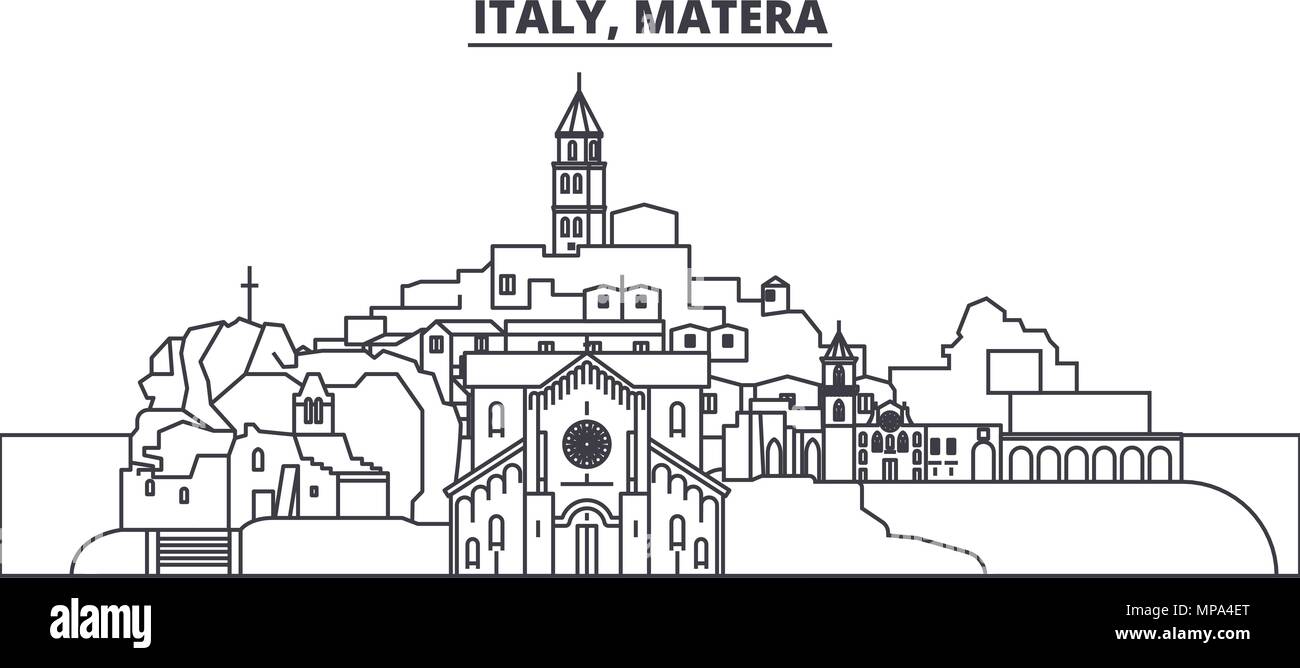 L'Italia, Matera skyline di linea illustrazione vettoriale. L'Italia, Matera paesaggio urbano lineare con famosi luoghi di interesse e attrazioni della città, il vettore orizzontale. Illustrazione Vettoriale