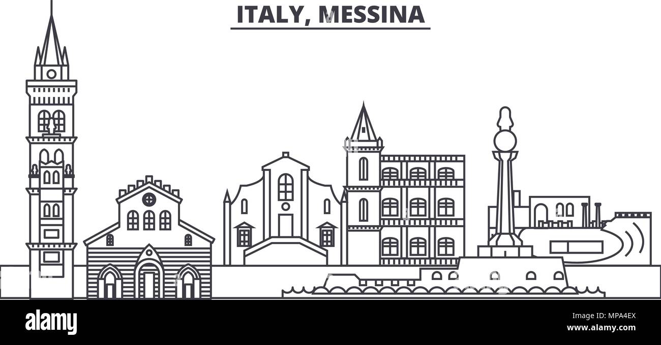 L'Italia, Messina skyline di linea illustrazione vettoriale. L'Italia, Messina paesaggio urbano lineare con famosi luoghi di interesse e attrazioni della città, il vettore orizzontale. Illustrazione Vettoriale