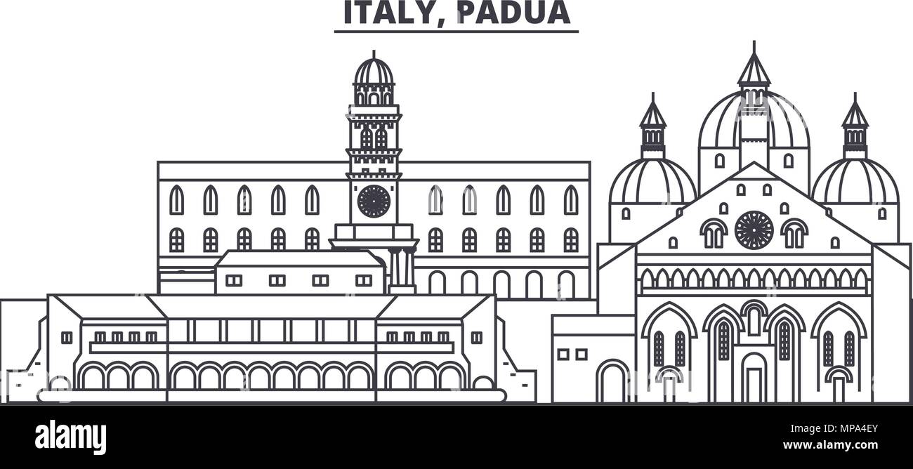 L'Italia, linea Padova skyline illustrazione vettoriale. L'Italia, Padova paesaggio urbano lineare con famosi luoghi di interesse e attrazioni della città, il vettore orizzontale. Illustrazione Vettoriale