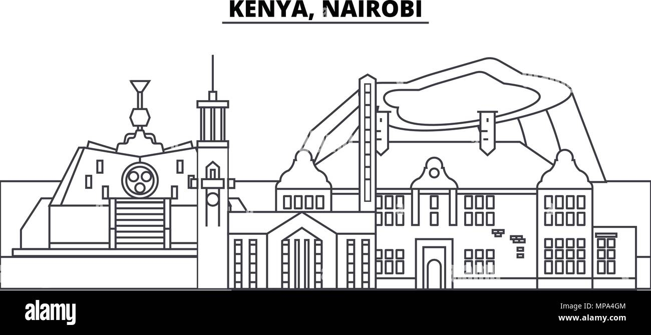 Kenya, Nairobi skyline di linea illustrazione vettoriale. Kenya, Nairobi paesaggio urbano lineare con famosi luoghi di interesse e attrazioni della città, il vettore orizzontale. Illustrazione Vettoriale