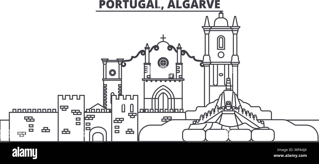 Il Portogallo, Algarve skyline di linea illustrazione vettoriale. Il Portogallo, Algarve paesaggio urbano lineare con famosi luoghi di interesse e attrazioni della città, il vettore orizzontale. Illustrazione Vettoriale