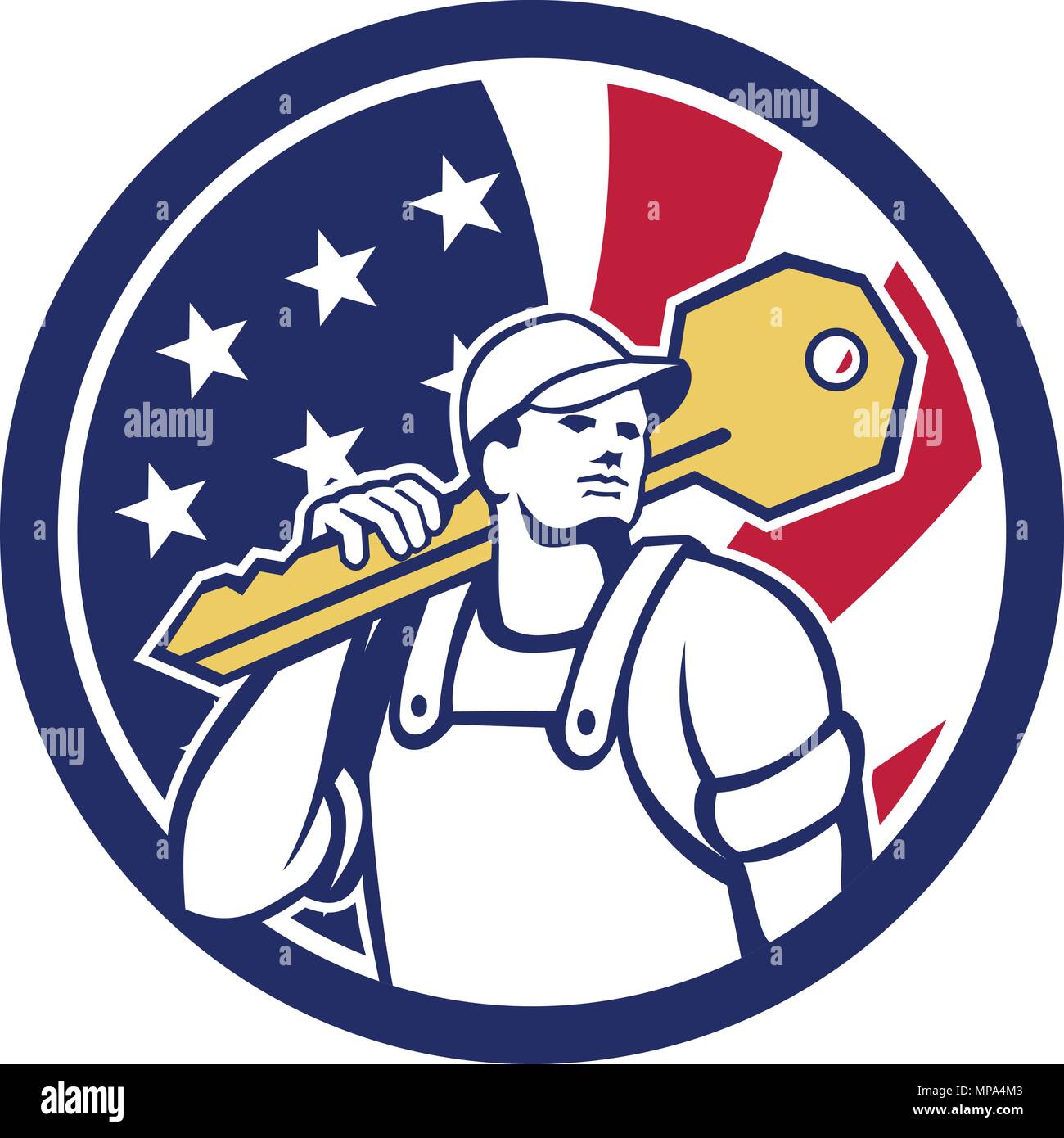 Icona di stile retrò illustrazione di un American fabbro o fresa chiave portando un tasto gigante con gli Stati Uniti d'America USA star lamas banner, star Illustrazione Vettoriale