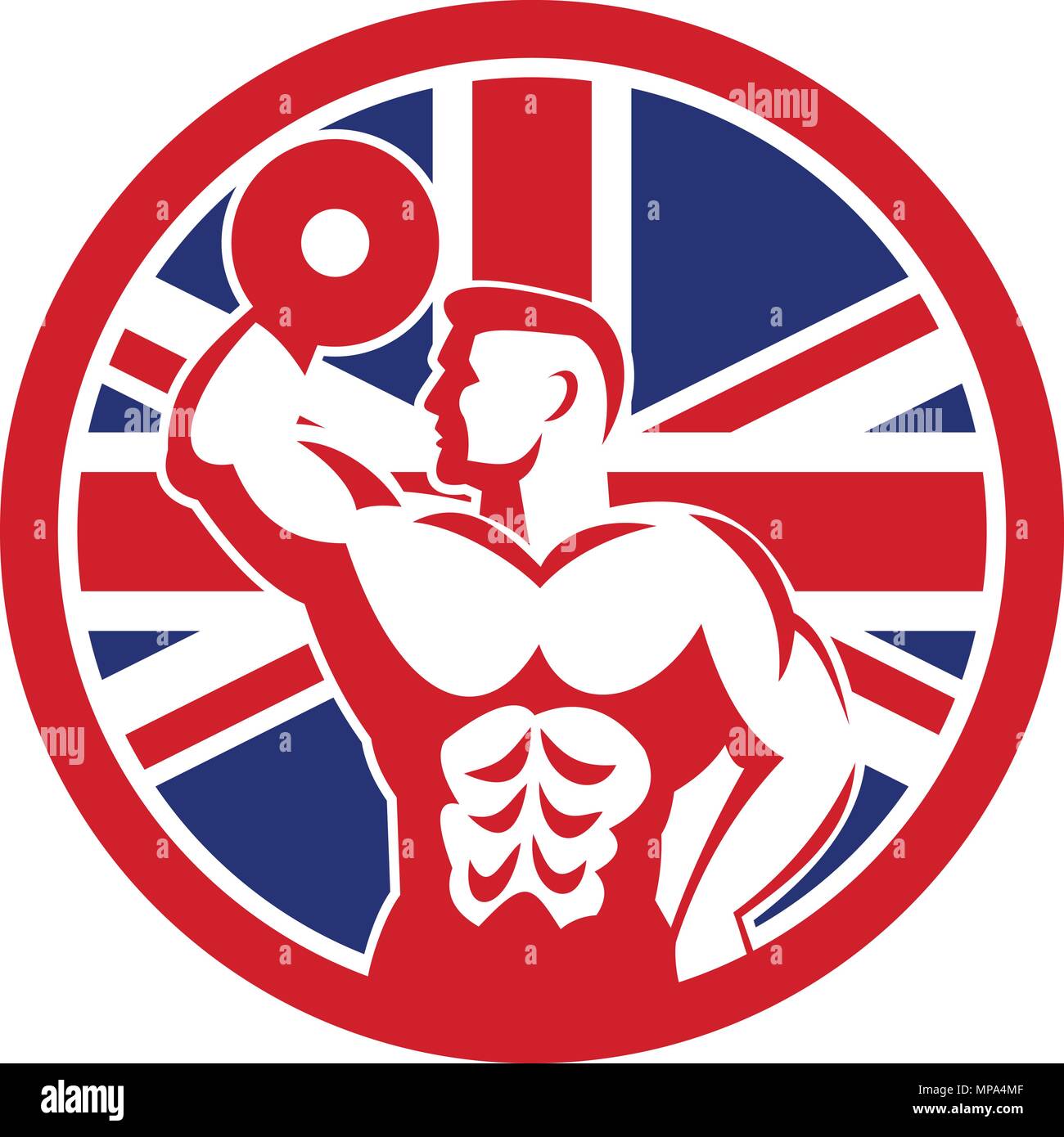 Icona di stile retrò illustrazione di un British palestra fitness che mostra un culturista con il manubrio con il Regno Unito Regno Unito, Gran Bretagna Union Jack flag impostato i Illustrazione Vettoriale