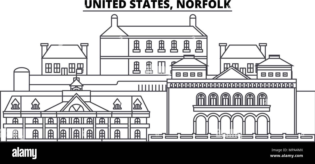 Stati Uniti, Norfolk line skyline illustrazione vettoriale. Stati Uniti, Norfolk paesaggio urbano lineare con famosi luoghi di interesse e attrazioni della città, il vettore orizzontale. Illustrazione Vettoriale