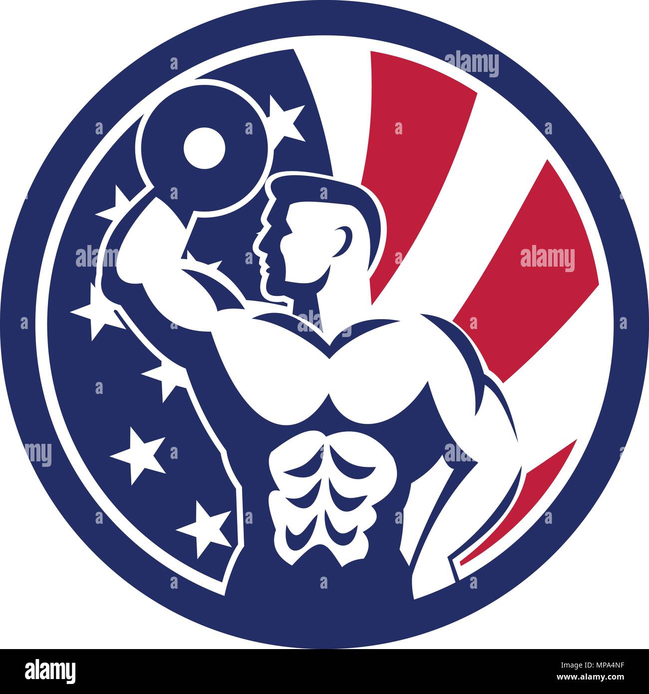 Icona di stile retrò illustrazione di un American palestra fitness che mostra un culturista il sollevamento di pesi con gli Stati Uniti d'America USA star lamas bann Illustrazione Vettoriale