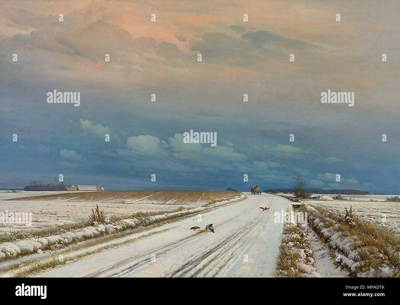 Andersen-Lundby Anders - Winterliche Landschaft Mit Feldern Verschneiten Saatkr U00e4hen und Heimkehrendem Fuhrwerk Foto Stock