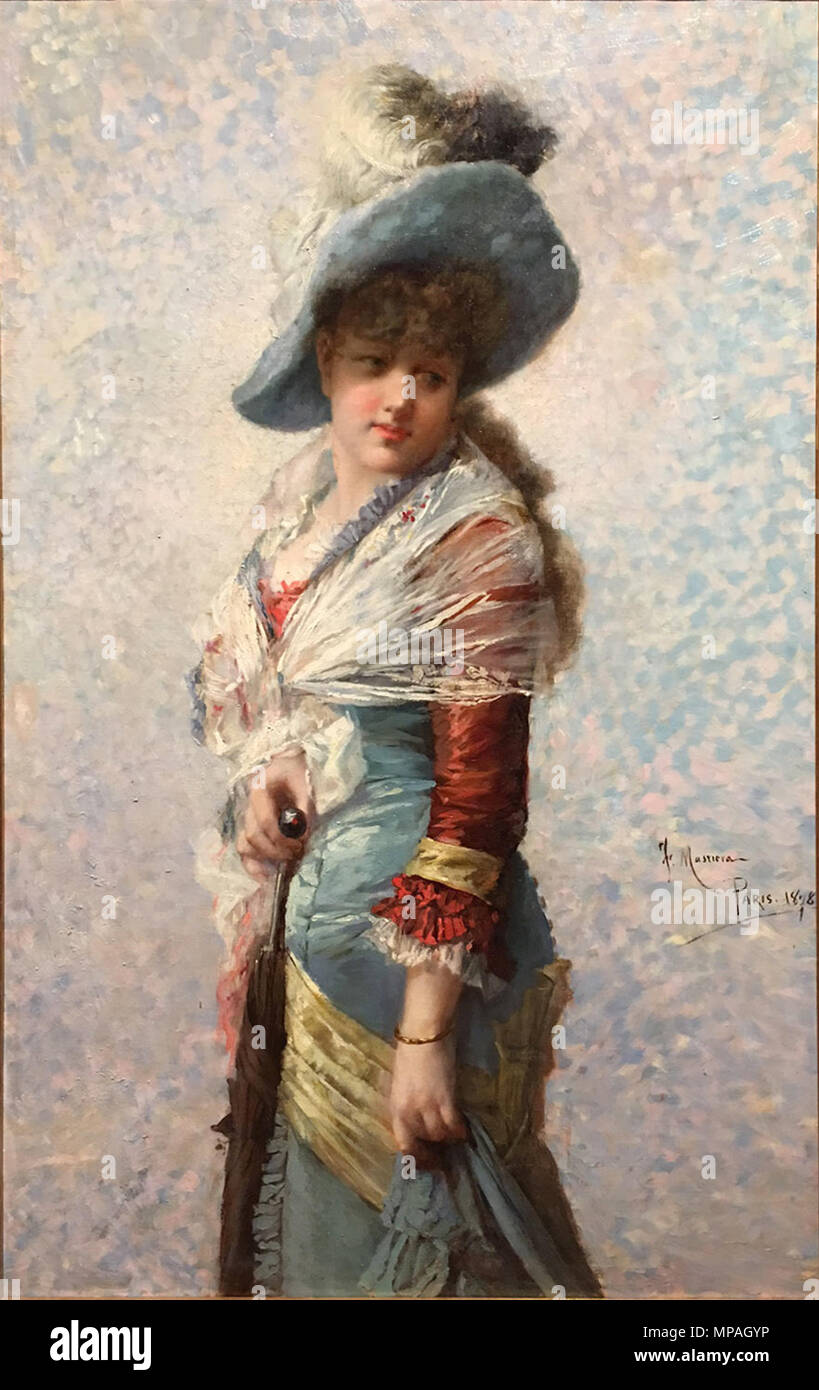 Inglese: Ritratto di una donna con uno scialle, un cappello e un  ombrellone, olio su tela,