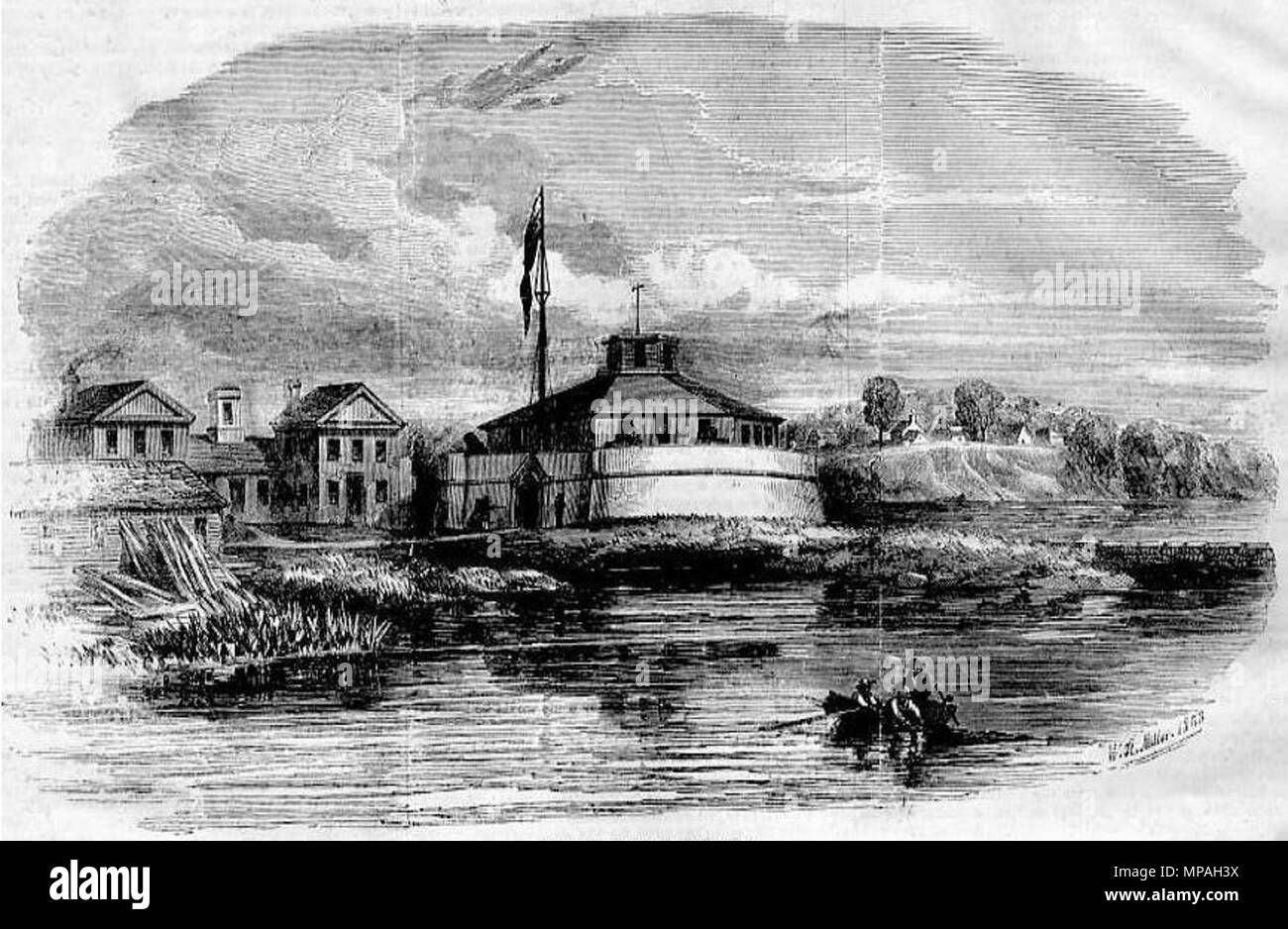 . Inglese: [Stati Uniti] Accademia Navale -- vista laterale, una incisione su legno dopo un disegno da W. R. Miller (Miller, William Rickarby, 1818-1893), pubblicato in Notizie illustrato, New York New York. Questo mostra la U.S. Accademia navale a Fort Severn in Annapolis, Maryland. 1853. W. R. Miller; il personale dell'illustrato News 1182 l'Accademia Navale degli Stati Uniti -- Vista laterale Foto Stock