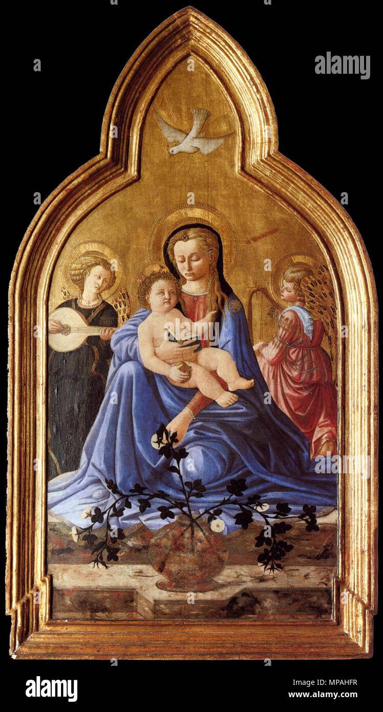 Madonna col Bambino e due angeli (Madonna dell'Umiltà) tra 1450 e 1452. 871 Maestro della Natività di Castello - Madonna con Bambino e due angeli (Madonna dell'Umiltà) - WGA14517 Foto Stock